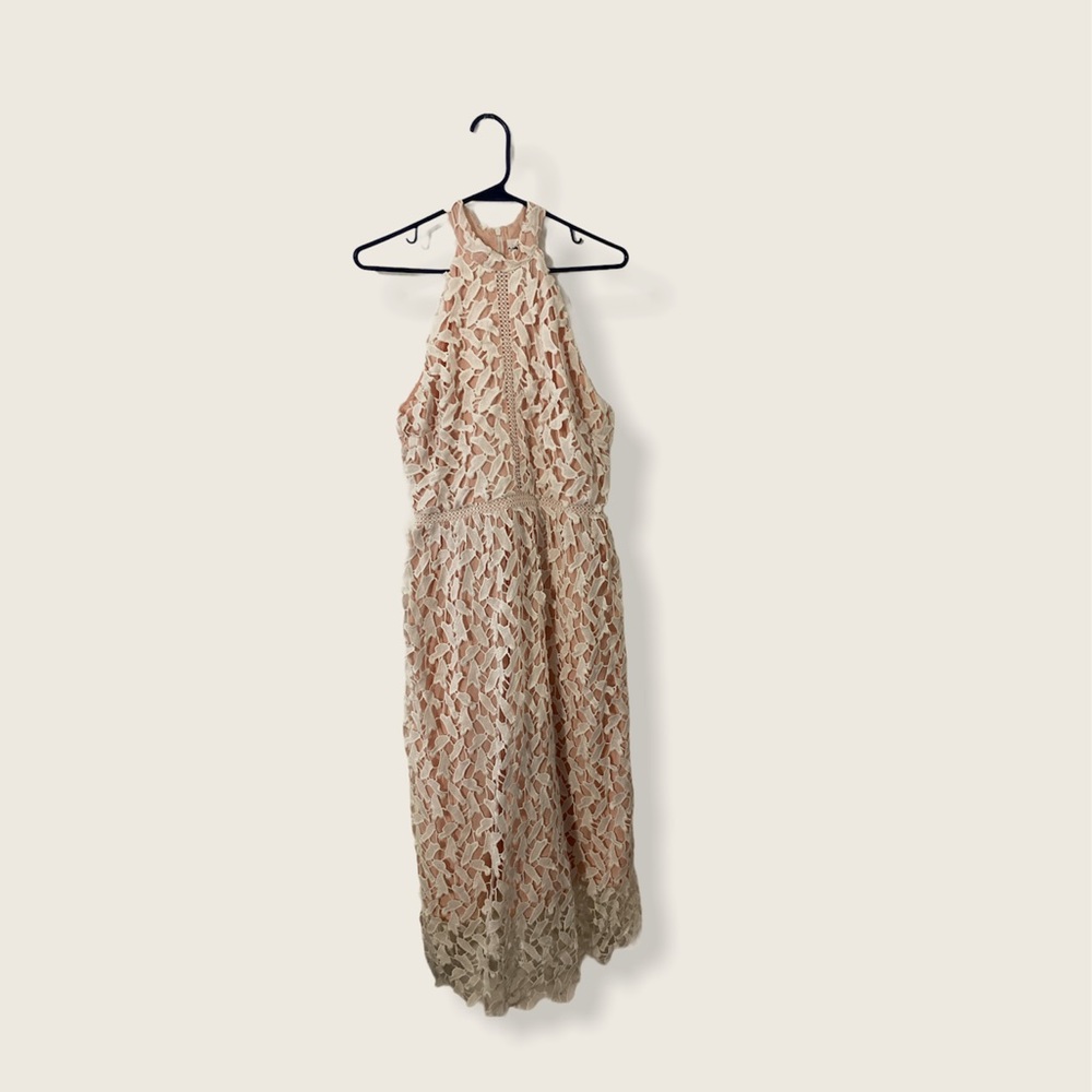 Chicwish Pink and White Lace Halter Neck Dress